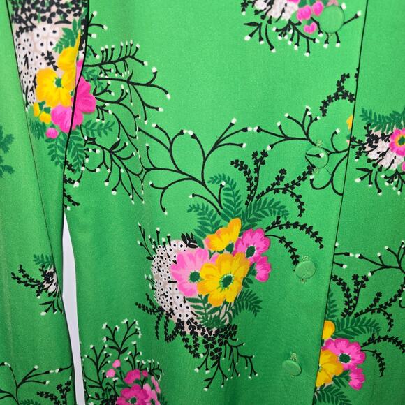Vintage 70's Caron Shirt Dress Green Floral Print Dagger Collar Knee Length SEE - Picture 6 of 7